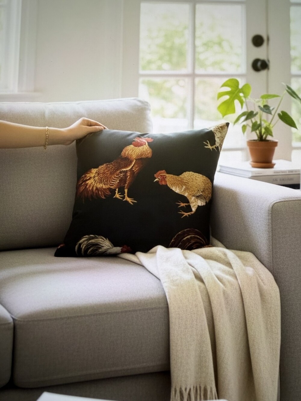 Rooster Accent Pillow - Black with Brown and Cream Rooster Design (Two Available